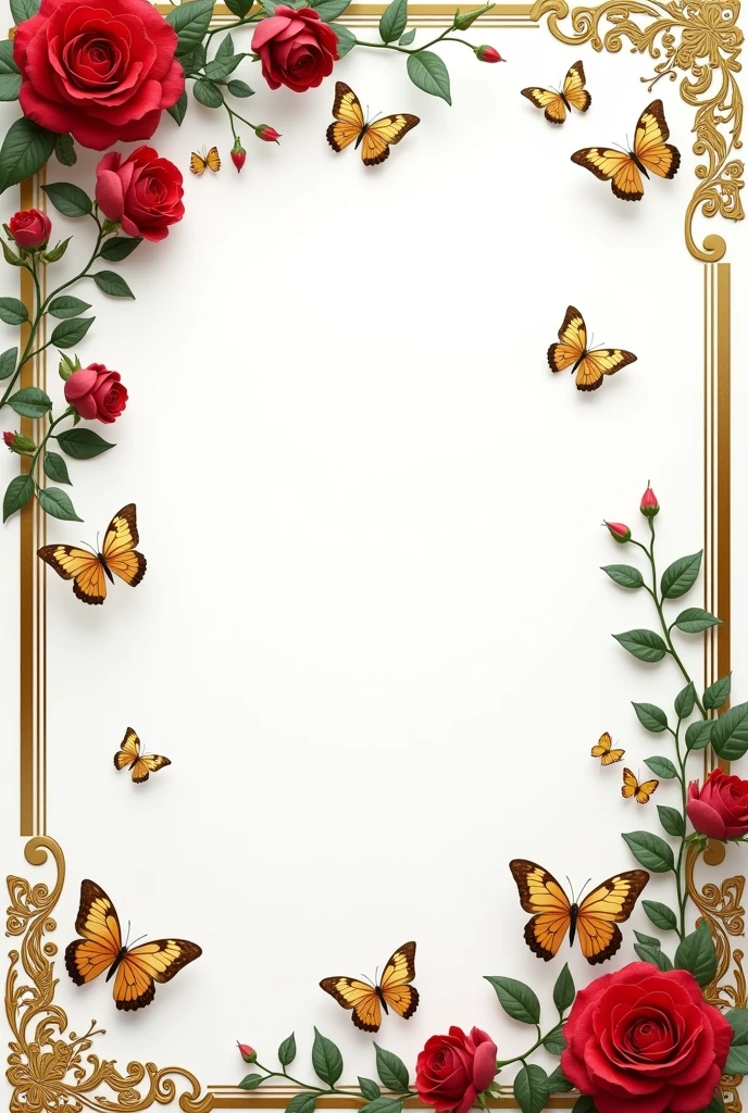 Invitation card. Gold border with many gold butterflies of different sizes and red roses on vines with a white background that does not look like a painting