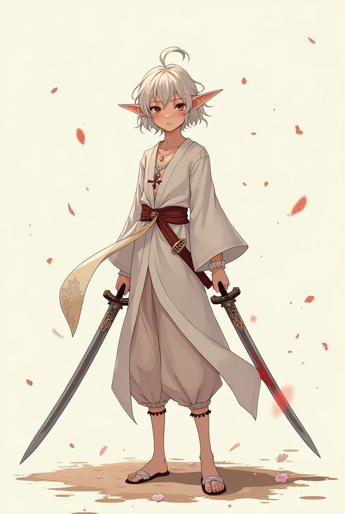 Cute anime male elf holding two swords no background 