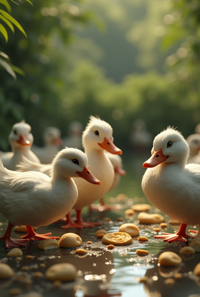 Recreate the fable of the ducks and the breadcrumbs in a professional manner and not so much as a caricature