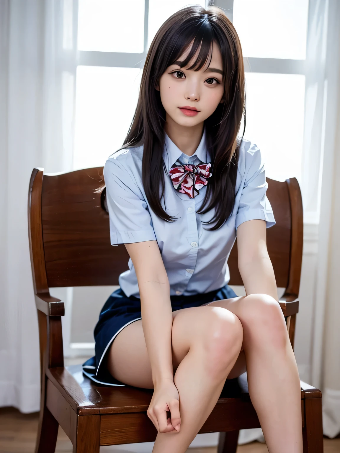 Bright expression、Photorealism、highest quality、Ultra-high resolution、photograph、The most beautiful Nordic photographs、Cute and beautiful face details、Small face、(Facing the children_v1:0.008)、Beautiful bangs、Alice in Wonderland、、(Thighs Thighs Thighs:1.2)、Esbian all over、Glowing White Skin、Hair gets tangled in the face、Bangs that reach down to the face、bangs、Hair between the eyes、Super long hair、Attractive brown, super long, straight, silky hair、Thin Hair、Beautiful bright, clear, light blue, large eyes that are charming and shining、(school uniform, Short sleeve shirt:1.2)、eyeliner、Sitting in a chair、double eyelid、Ample breasts、Dynamic pose