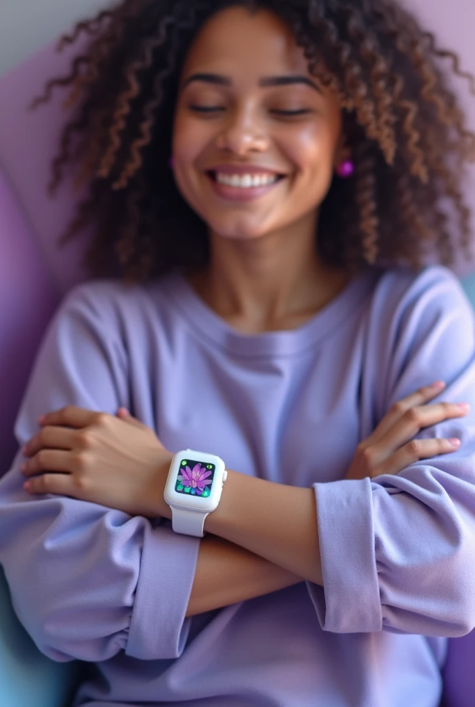 sereniwatch is a smartwatch that helps users with anxiety attacks to deal with moments of stress, create an image of a calm person with a cheerful expression wearing the white smartwatch on the arm bringing elements of purple and blue colors