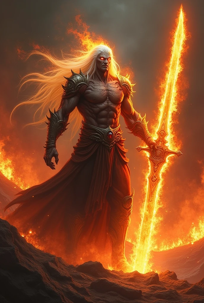 The who where out of fire with his hand has a bid sword his hair where white the eye was red and flaming ora inthe his eye