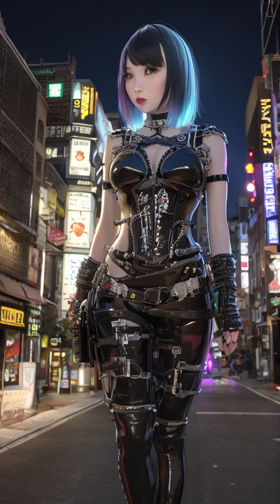 ((masterpiece, The best quality)), illustration, 8K ultra-detailed, realist, sharp focus, Highly detailed, Pro Lighting, Colorful details, Rainbow color break, Super Long Lens Factory, large mechanical robot structure, microchip, computer, luminescence, intricate details, shitu-mecha, 1girl, Use wick, belly button, color image, glow, (cyberpunk),walking in the city