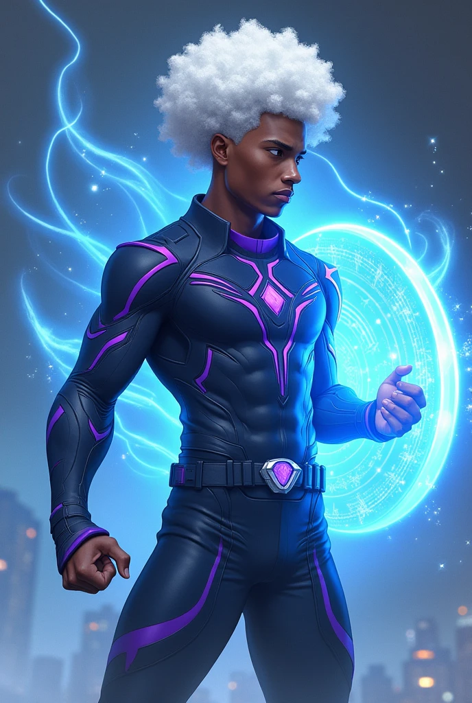 Create an image of a young, dark-skinned man, Black uniform with purple details and white afro hair using blue energy to generate a shield
