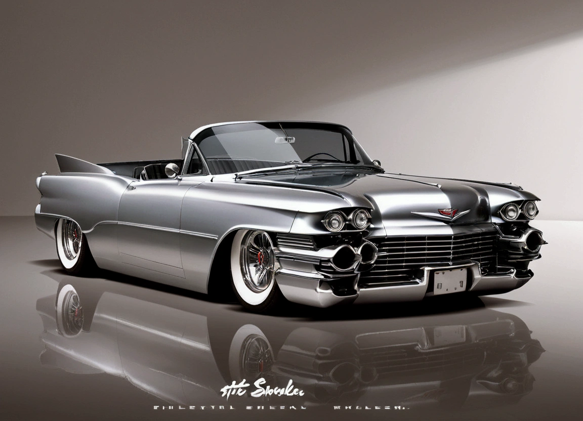 DIAGONAL and distant CAMERA, full image of A beautiful 18 year old girl driving inside a 1959 Cadillac Eldorado Biarritz convertible hot rod, futuristic style, rounded corners, MIRRORED COLOR METALLIC reflective, METALLIC MIRROR COLOR, EXTREMELY POLISHED AND REFLECTIVE PAINTING, MIRROR PAINTING, Hot rod style , film style stalone cobra, the painting reflects the sunlight, reflection of light shine on painting, has GOLD star color wheel, has GOLD star color wheel, thick and ridiculously wide and turned sports wheels, GOLDEN AND POLISHED WHEELS, It has gold wheels, ridiculously lowered front suspension, inside an INTERIOR garage with white walls, image in diagonal pose, ​masterpiece, whole image
