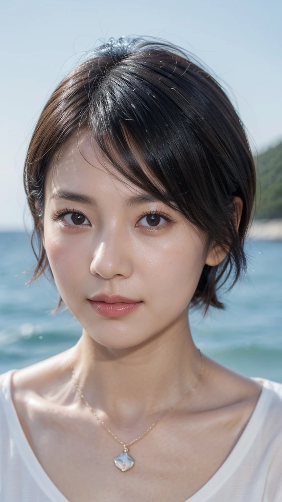 Model actress、One Woman、cool、Japanese and half European、Close-up of face、30 generation beauty、Realistic Skin、Seaside、short hair