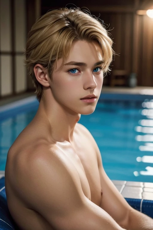 Best quality, realistic, Male, 15 years, 1 boy, detailed eyes, detailed lips, blonde hair, Combed hair, Blue eyes, pool, Cozy atmosphere, soft lighting, calm atmosphere, Male