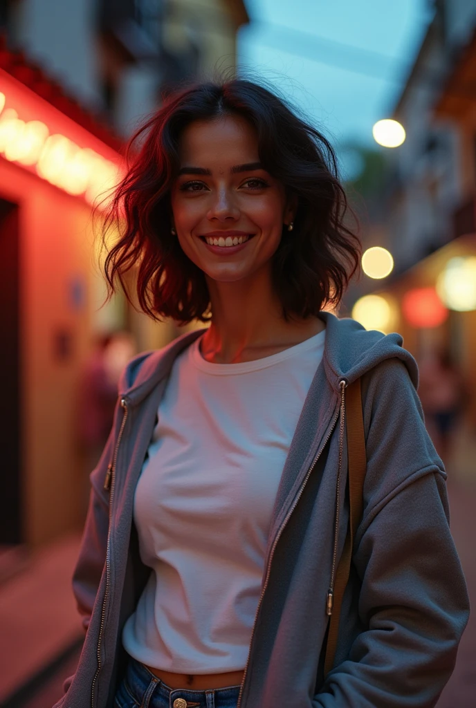 Beautiful latina with light brown eyes, 25 years old, wearing a crew neck t-shirt, closed hoodie, full body view, in colombia, on a colonial street, at dusk and with neon lights, Almond shaped eyes, oval face shape, size l body, short naturally wavy hair, High resolution, Masterpiece, Best quality, Intricate details, Very detailed, Sharpness, Detailed skin texture, Eye details, Profession, 4k resolution, Charming smile, Shot with cone, Depth of field, Kodak vision color, 100 kilos, Extremely detailed, Ultra-realistic photography, Realistic photo, Post-processing, Maximum detail, True to life, Instagram model.