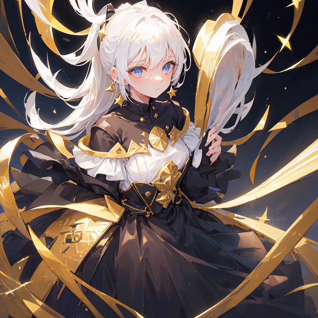 A girl with a white high ponytail,Hopeful expression,White hair,Gorgeous clothes,Black gold tone,Stars are shining around the body,Gold decorations,((Pure black background))