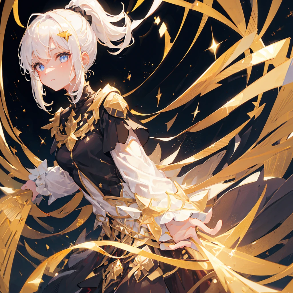 A girl with a white high ponytail，Hopeful expression，White hair，Gorgeous clothes，Black gold tone，Stars are shining around the body，Gold decorations，((Pure black background))