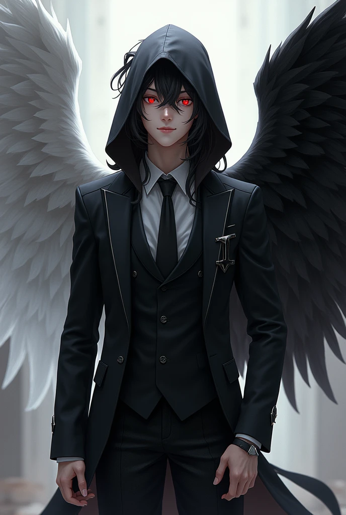 make me a male character, with red eyes and smile, one wing black and the other white, wears an elegant black suit, has a band on his right hand, wears a black hood and a headset