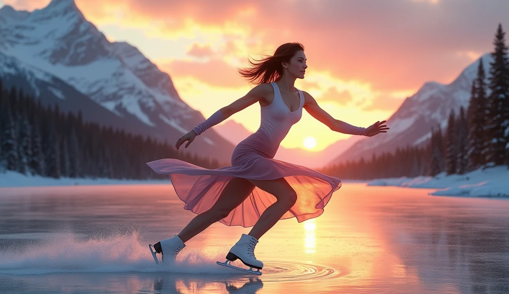 young woman skating on frozen lake, forest, behind, mountains with snow, clear sky, sunset, orange lights, POWERSLIDE SPEED FULL BODY SUIT, ice skates, wearing a silk skirt