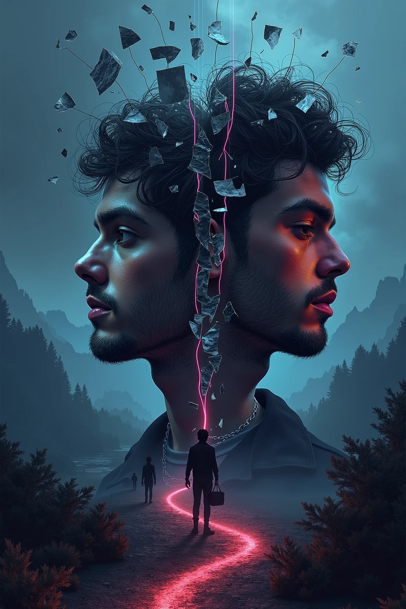 Create a melancholic and introspective album cover for the song 'QUEM SOU?,' capturing the themes of identity crisis, emotional disarray, and the search for self. The scene should feature a fragmented mirror or reflective surface, with each shard reflecting a different version of the same male face, symbolizing the fractured identity and confusion of the self. The background is a dark, surreal landscape with twisting paths leading in different directions, representing the uncertainty of the future and the struggle to find a true path. The color palette should include deep blues, purples, and muted grays, evoking a sense of melancholy and introspection.
Abstract male figures or shapes can be seen in the background, subtly blending into the shadows, representing the pressures and expectations that distort one's true self. Faint glimmers of neon light add an electro-pop feel, while a soft, diffused glow around the fragmented mirror hints at the possibility of clarity or self-discovery amidst the darkness. The album title 'QUEM SOU?' should be written in a blend of bold, distressed font and softer, flowing script, seamlessly integrated into the image, reflecting the conflict and search for identity.