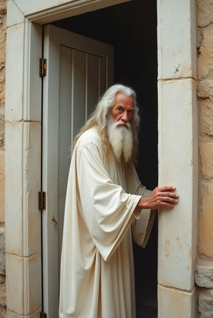 Create an old man dressed in a white robe in the style of biblical times, white beard and white hair closing a narrow white door from the inside 