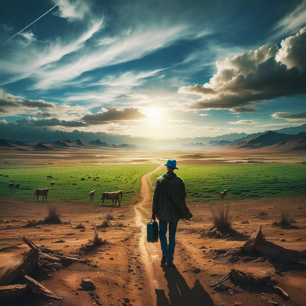 there is a man walking on a dirt road, leaving a desert place and going to a place with green pastures and beautiful blue sky, highlighting the transition from desert to green pastures, epic surrealism 8k oil painting, surreal photography, surrealism 8k, cena surreal, SurrealArt, the journey of life, surreal photo, surreal style, surreal digital art, in a surreal dream landscape, surreal composition, dreamlike surrealism
