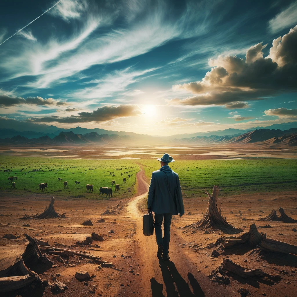 there is a man walking on a dirt road, leaving a desert place and going to a place with green pastures and beautiful blue sky, highlighting the transition from desert to green pastures, epic surrealism 8k oil painting, surreal photography, surrealism 8k, cena surreal, SurrealArt, the journey of life, surreal photo, surreal style, surreal digital art, in a surreal dream landscape, surreal composition, dreamlike surrealism