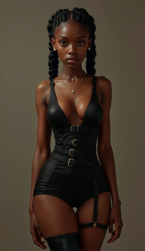 YOUNG 14 YO LIGHT SKIN AFRICAN  woman indulges in her fetish, BLACK dress, short stockings with garter-belt, thigh-high boots, LARGE BREASTS WITH SEPARATED CLEAVAGE,(VIEWER CAN NOT SEE BREASTS), HAIR BRAIDED PIGTAILS.