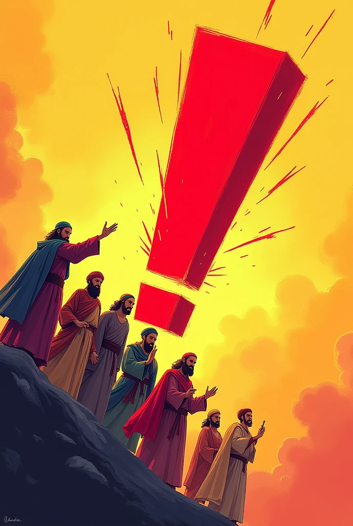 A dynamic and engaging thumbnail with a split-screen design. to the left, depicts a vibrant illustration of a group of Minor Prophets, each with unique characteristics, in a stylized and colorful artistic style. On the right, display a large, bright red exclamation mark, symbolizing urgency. The background should be a gradient from light yellow to deep orange, suggesting enlightenment and urgency. Use action lines or an explosion effect around the exclamation point to convey emotion. -