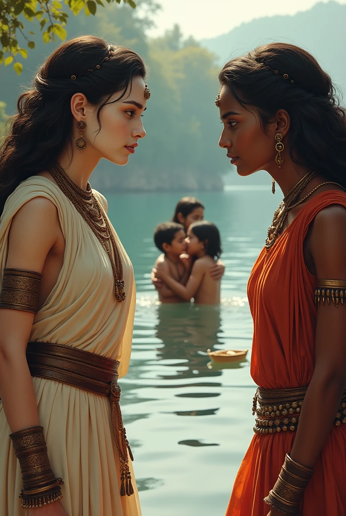 Pale white skinned North Indian slave woman with dark skinned daughter, and dark skinned south indian slave woman with pale white skinned son, gupta era, both have a similar build, both are sitting beside a lake, threaten eachother with sandalwood slippers while their son and daughter are in the distance hugging in the lake 