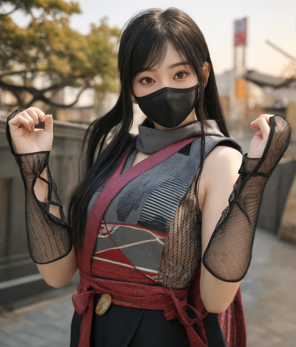 ((Ninja 1.3)),After the battle,(Torn Costume),Photo Real, whole body,mask, or period,Background Sen, Highest quality, Ultra-high resolution, depth, pastel colour, Natural Shading、Long Hair, Black Hair, Brown, narrow eyes, Black Dress, gloves, Anatomically correct,night,city
