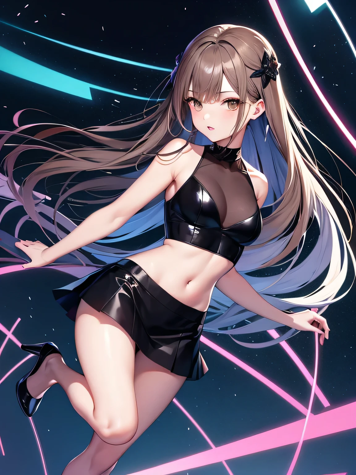 ムラムラする、(dark brown eyes:1.2),1 girl、long legs,Silver Hair、Dark brown eyes、Shining Eyes、Crop top、mini skirt、Parted lips、1woman wearing trendy clothes, in an abstract oil painting style, fashion show, The painting is ultra-high detailed and has a resolution of 8k, showcasing the best quality,creating a mysterious atmosphere , luminous design, vivit colours,spring lights,Artistic,azure, red, (Bare legs:1.1), (black high heels), black short skirt