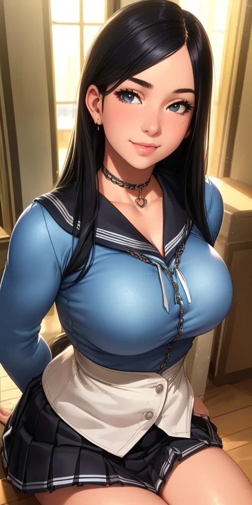 (best quality, ultra-detailed, photorealistic: 1.39), bright and vibrant colors, studio lighting, romantic expression, Beautiful girl choker with pulling chain, love smile, house, light fabric, platinum long black hair, big breasts, fit, long sleeve blouse, pleated schoolgirl skirt, in the schoolyard, mercenary