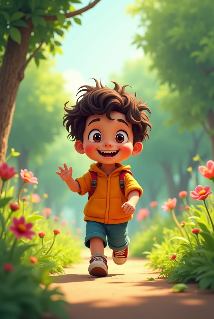 Create an animated image showing a three-year-old boy with dark brown curly hair going for a walk.