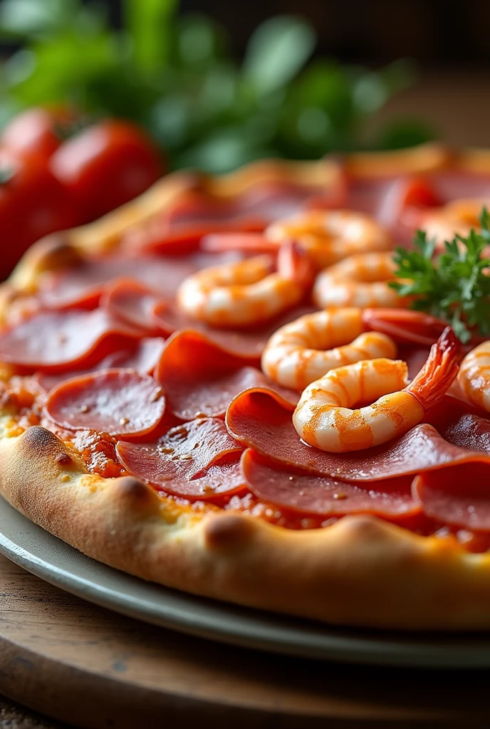 Beef slices,Ham slices,Large pizza with shrimp,Very tasty,The aroma is attractive