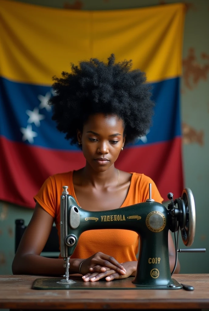A white-skinned woman with black afro hair sitting in front of her sewing machine. On the wall the flag of Venezuela