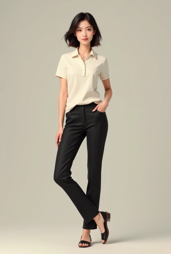 Woman 158cm, 66kg, shorth hair, dark skin wearing off-white polo collar t-shirt, work uniform type, black tailored pants and sandals
