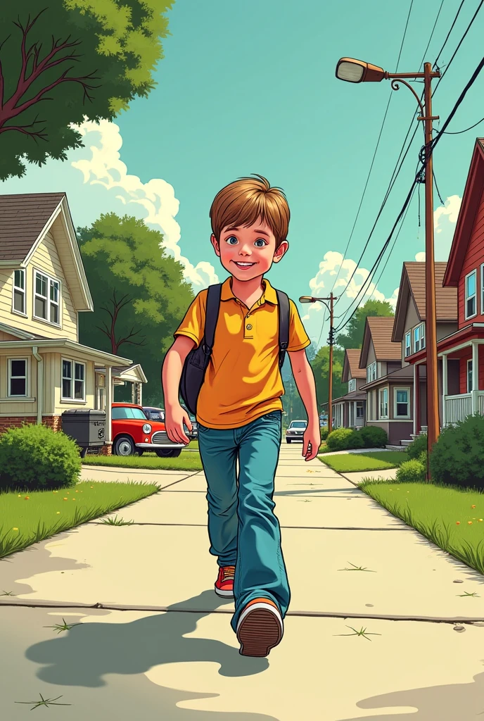 A boy walking on his way to school, 70's comic style