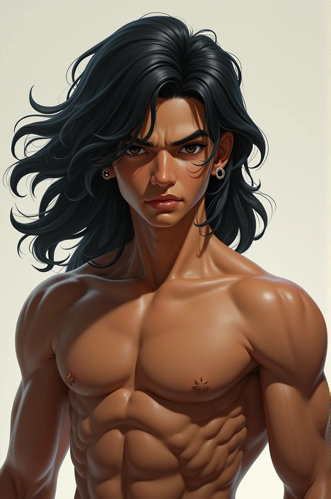 Generate a picture of with this characteristics
Body type is built
Olive skin
Long black hair
Flat nose
Sharp jawline
Boy