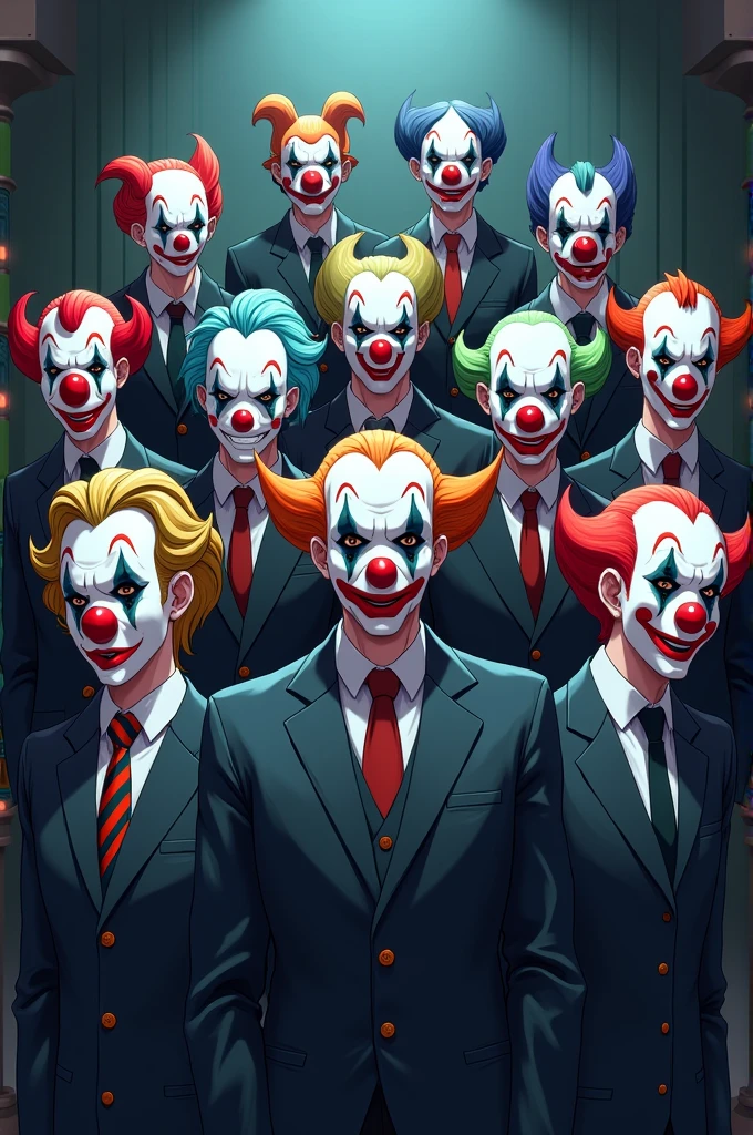 1 anime picture of 10 genius people wearing different clown masks