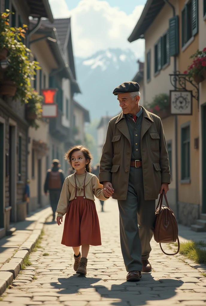 A girl with her father on the streets of Switzerland in 1942, simpler to draw it , both in the same direction , simpler 