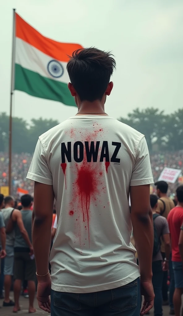 A young man in his early 20s, wearing a white T-shirt with the name ‘NOWAZ’ written on the back, is standing solemnly in front of the Indian national flag. The T-shirt is stained with red blotches resembling blood, symbolizing his protest against the ongoing violence and rapes of women in the country. He stands with a determined posture, holding a sign that asks, ‘Why are our mothers and sisters not safe in India?’ Written on his back of his Tshirt with blood “Why our mother and sisters are not safe”. The scene is set in a large public space, possibly a square or stadium, with the Indian flag prominently displayed, fluttering in the breeze. The background shows a crowd of people, some holding banners and placards, all with somber expressions, reflecting the seriousness of the issue. The sky is overcast, adding to the gravity of the scene, as the atmosphere is heavy with the message of protest and the demand for safety and justice for women in India.