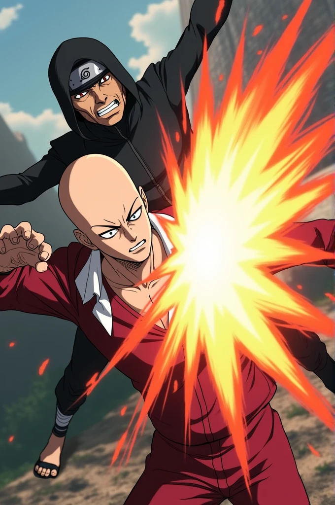 Create an image of Saitama vs Orochimaru, Saitama defeats Orochimaru, the drawing style of the two characters is similar to the drawing style in the Anime, Saitama has the same drawing style as in Anime One Punch Man, Saitama's outfit, appearance, face Like in the One Punch Man Anime, Orochimaru has the same drawing style as the Naruto Anime, Orochimaru's shape, face, and outfit are similar to the Naruto Anime. Saitama flew in and punched Orochimaru hard. Saitama's expression when punching Orochimaru was calm and bewildered, while Orochimaru's expression showed extreme pain and anger when he was punched.