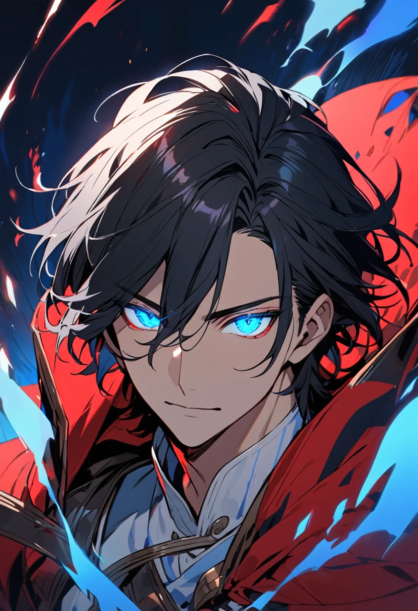 male, solo, handsome, red cloak, black hair, blue eyes, beautiful backround, blue aura, glowing eyes