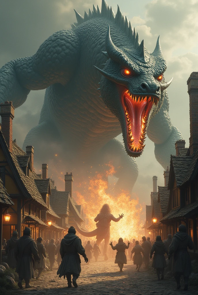 A man who looks like a dragon is attacking a village then a sorcerer comes to save the village