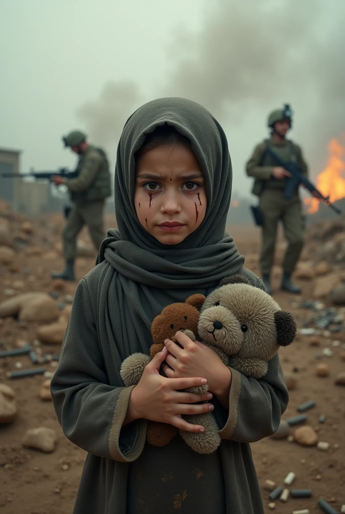 a young hijab girl, , crying, wearing a blouse, holding soft toys, with a dirty face, on a war battlefield, highly detailed, photorealistic, 8K, cinematic lighting, emotional portrait, dramatic colors, beautiful, sad expressionon the battlefield, detailed military uniform, rifle, combat helmet, tactical vest, fierce expression, gunfire in the background, explosions, smoke, cloudy sky, gritty war-torn landscape, (best quality,4k,8k,highres,masterpiece:1.2),ultra-detailed,(realistic,photorealistic,photo-realistic:1.37),cinematic lighting,epic war scene,dramatic composition