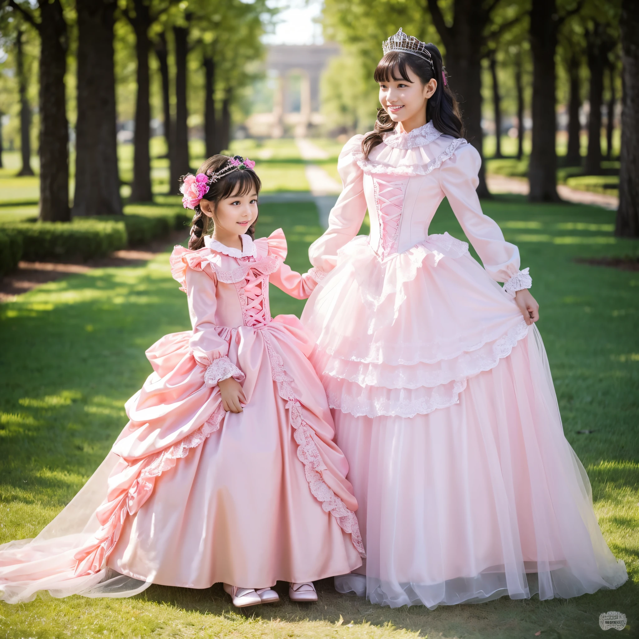 highest quality, masterpiece, highest resolution, artwork, super それにget used to it, many get used to it, get used to it, それにget used to it,, girl,cute girls,(()),((All 10 year old girls)),girls are princesses,everyone wears a tiara on their head,((all have volume,She is wearing a pink Victorian ball gown dress with a full-length hoop skirt)),the dress is round and bulging,(Long sleeves with ruffles),((A long dress that almost touches the floor)),A dress with lots of frills and ribbons..,((ruffle yoke collar)),luxury,inside the palace,Satin fabric dresses,They are kissing.,lesbian,behind a canopy bed,