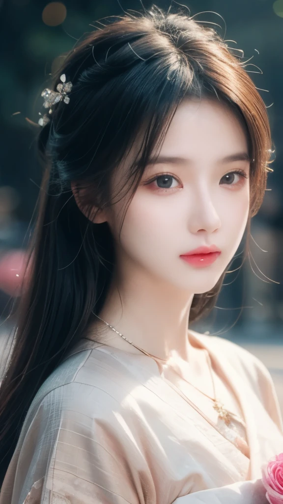 best quality, masterpiece, high resolution, wuxia1girl,blush,(Charming smile:0.8),Star-shaped pupil,china hanfu,Hair accessories,necklace, Jewelry,Pretty Face,more than_Body, Tyndall effect,lifelike, Dark Studio, Edge lighting, Two-color light,(High Detail Skin:1.2), 8K Ultra HD, SLR camera, Soft Light, high quality, Volumetric Lighting, frank, photo, high resolution, 4K, 8K, Bokeh,Surrounded by blooming roses
