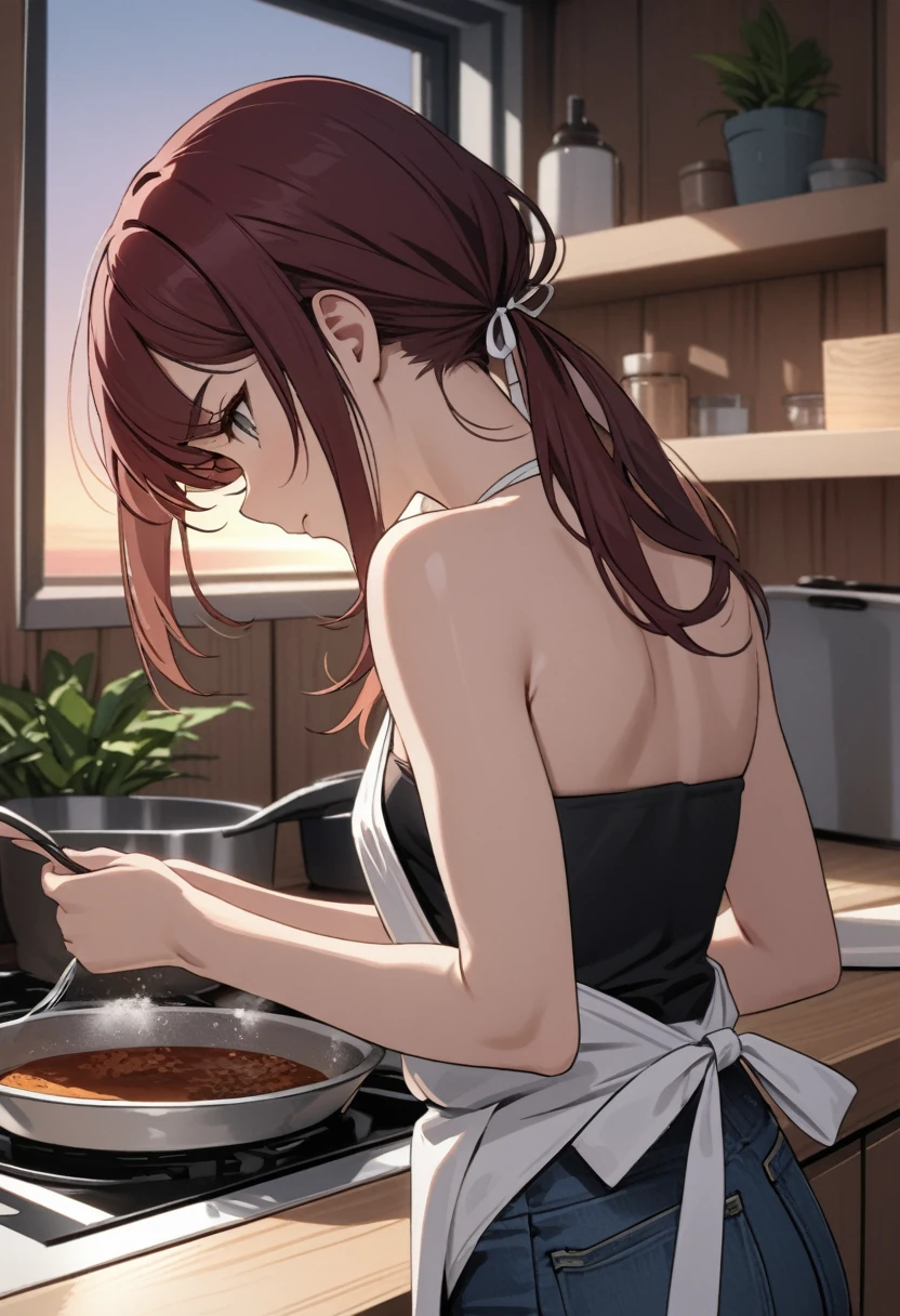 best quality, masterpiece, stoic,young woman, from behind, head tilt, looking down, upper body, close up, Gray eyes, dark red hair, swept bangs, low twin tails, white ribbons, black strapless shirt, white apron, jeans, small breasts, toned arms, Cooking in the kitchen, wooden walls, potted plant, window, dusk, Hold the bowl in your right hand,Hold a spoon in your left hand