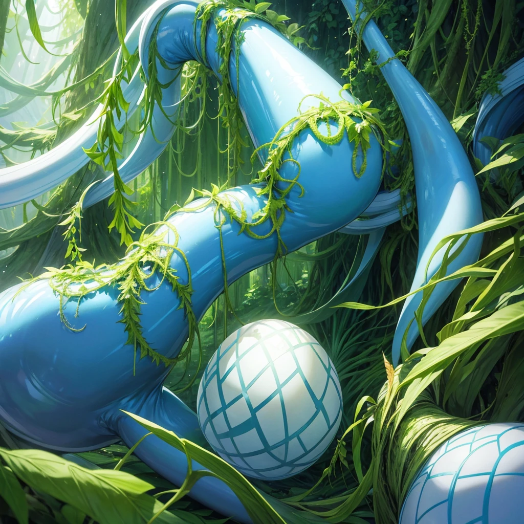 Giant light blue plant with white stripes capable of expelling eggs that looks like a carnivorous plant with vines unique in a magical forest