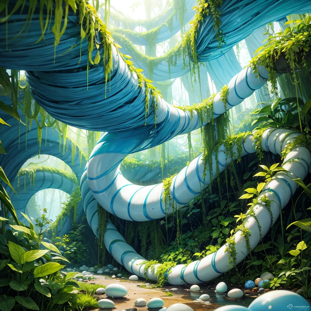 Giant light blue plant with white stripes capable of expelling eggs that looks like a carnivorous plant with vines unique in a magical forest 