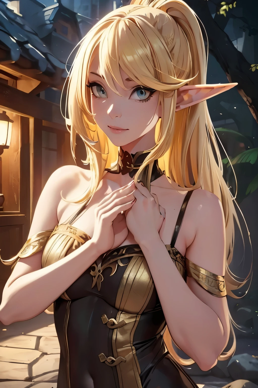 blonde haired elf, ((long_elegant_elf_ears)), (8k,highres,masterpiece:1.2),ultra-detailed,(realistic,photo-realistic:1.47),((slender)) ((crisp, realistic, golden eyes)), hi-def painting, elf with red_hair ((blonde messy ponytail hair)),Xaya with extremely detailed facial features, beautiful elf with intricate accessories and animal ears, ((by sciamano240)) ((loose_pajama_top)) ((loose_pajamas)) ((eye_fix)) ((perfect_golden_eyes)) ((perfect_small_chest))