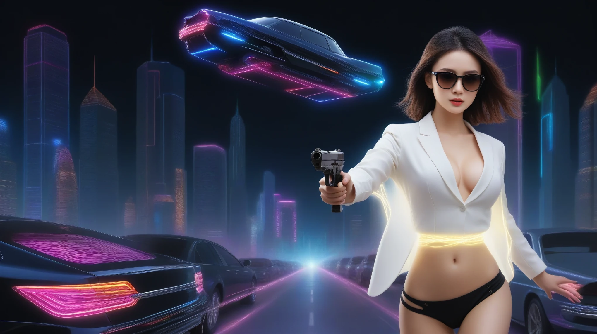 A sexy young slim woman wearing a black suit and dark glasses stood still, (holding a short gun), large-breast cleavage. The background is full of Sparkling, colorful electricity and colorful visual effects, flying cars. Realistic style and high definition Dynamic poses and stunning lighting.