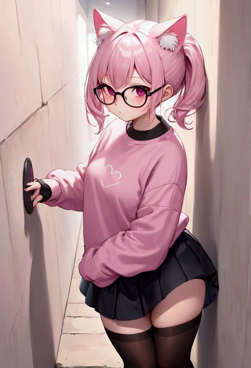 I have white pink hair, cat ears, a bun, my face is super blushing, black glasses, pink heart eyes, a big pink sweatshirt, a black skirt, black stockings, white shoes, a cat&#39;s tail, a girl. very shy that she is glued to a wall with her butt