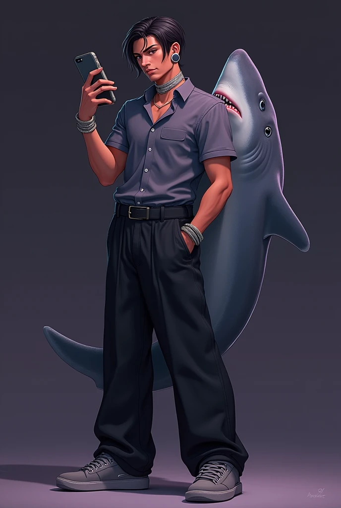 Santos shirt, bluetooth headset, low hair, Wide black pants, gray chubby sneakers, dark purple background, pet shark on the side and cell phone in hand