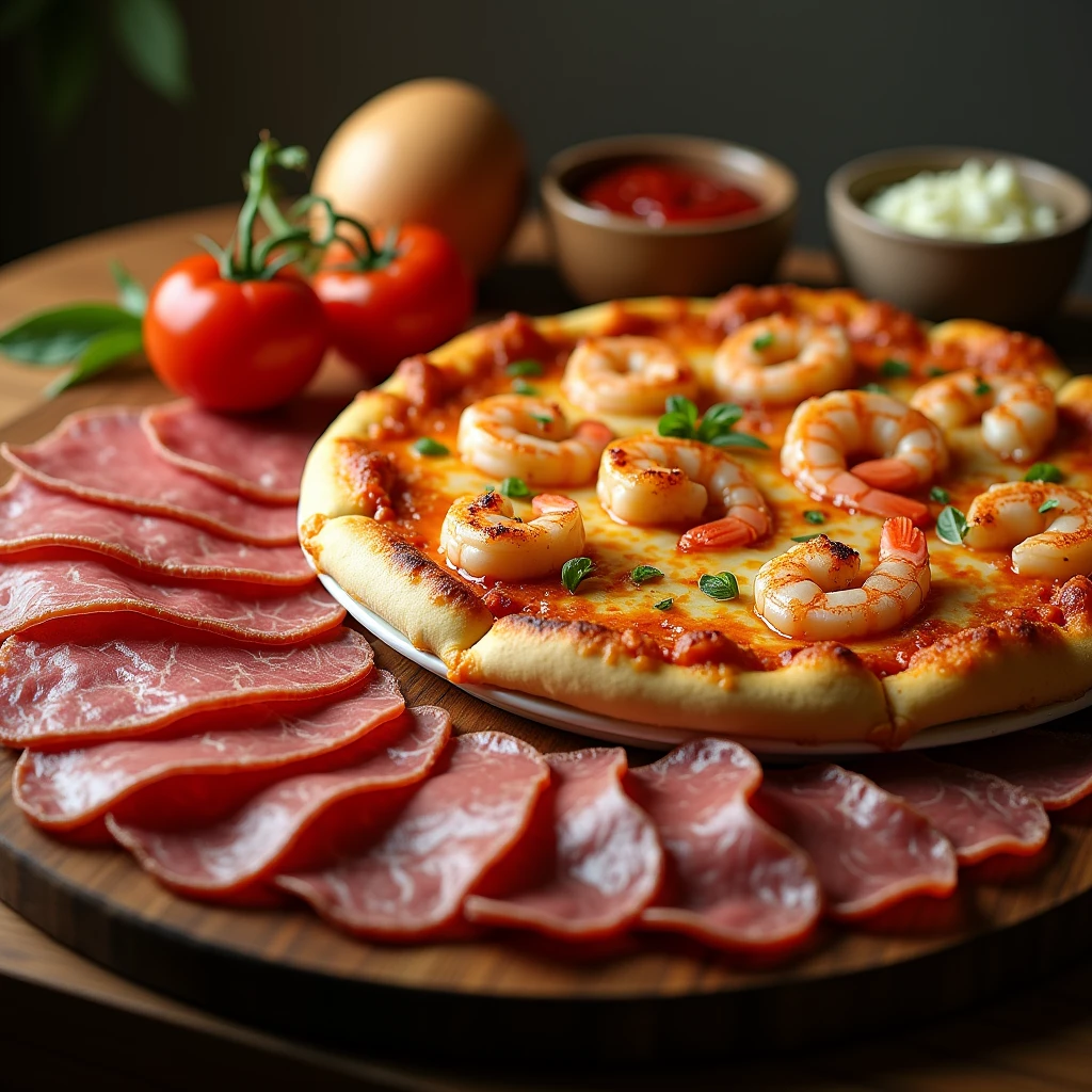 Beef slices，Ham slices，Large pizza with shrimp，Very tasty，The aroma is attractive
