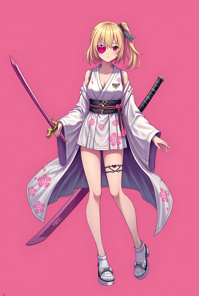 Cyberpunk woman with swords, the theme is that the outfit is a plain pink kimono and you can even see her legs in the photo. She has blonde hair with lots of pink highlights and her eyes are also pink.. she is very sexy and cute at the same time. the background of the image I want to be a solid pink, a very bubblegum pink. I want her kimono to be closed and have very little cleavage. I also want it to be less realistic and for the sword to be pink too, I almost want an anime drawing, you know, but a little more real and I also want her to wear a heart-shaped eye patch on one of her eyes.